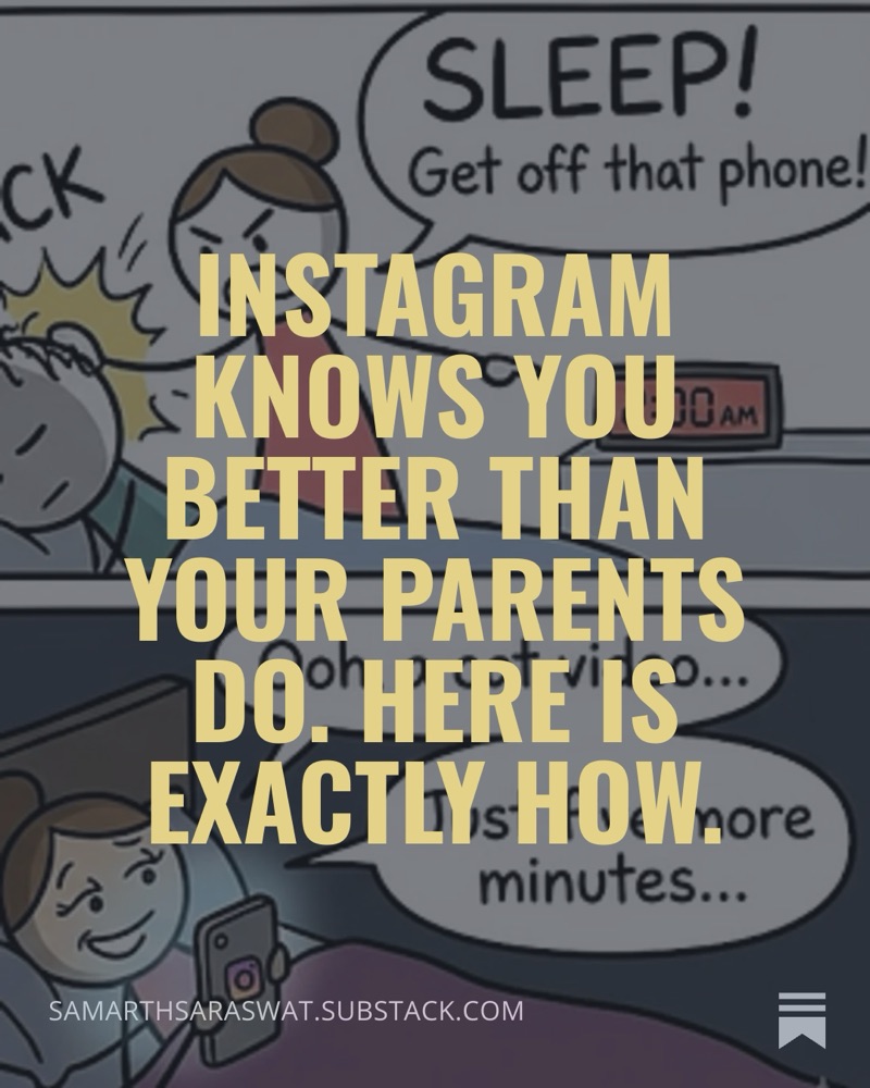 Cover for “Instagram Knows You Better Than Your Parents”: a comic of a parent yelling “Sleep!” while their kid scrolls Instagram in bed for “just five more minutes”.