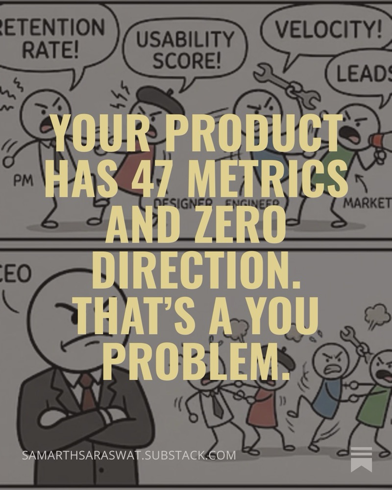 Cover for “Your Product Has 47 Metrics and Zero Direction”: a comic of a PM, designer, engineer and marketer each shouting a different metric while the CEO frowns.